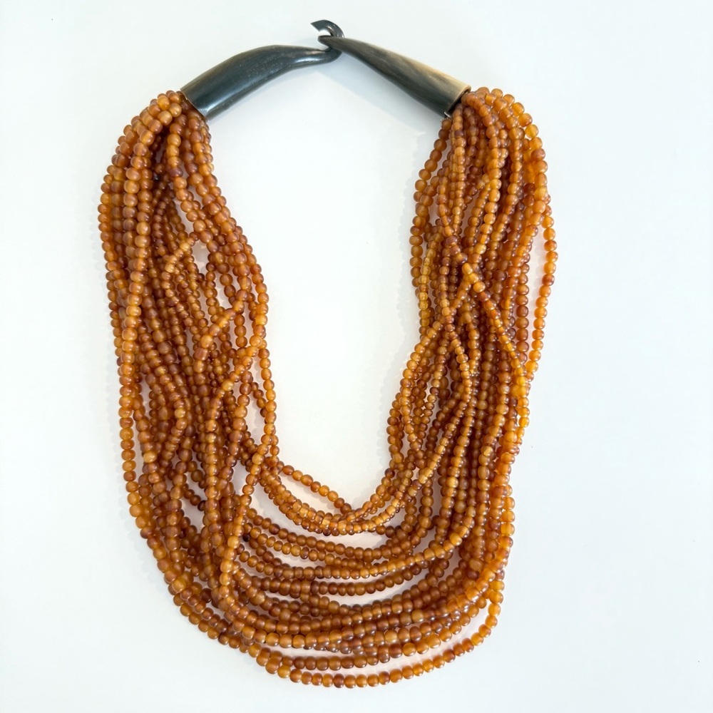 Gerda Lynggaard Monies Vintage Beaded Horn Multi Strand Long Necklace Amber